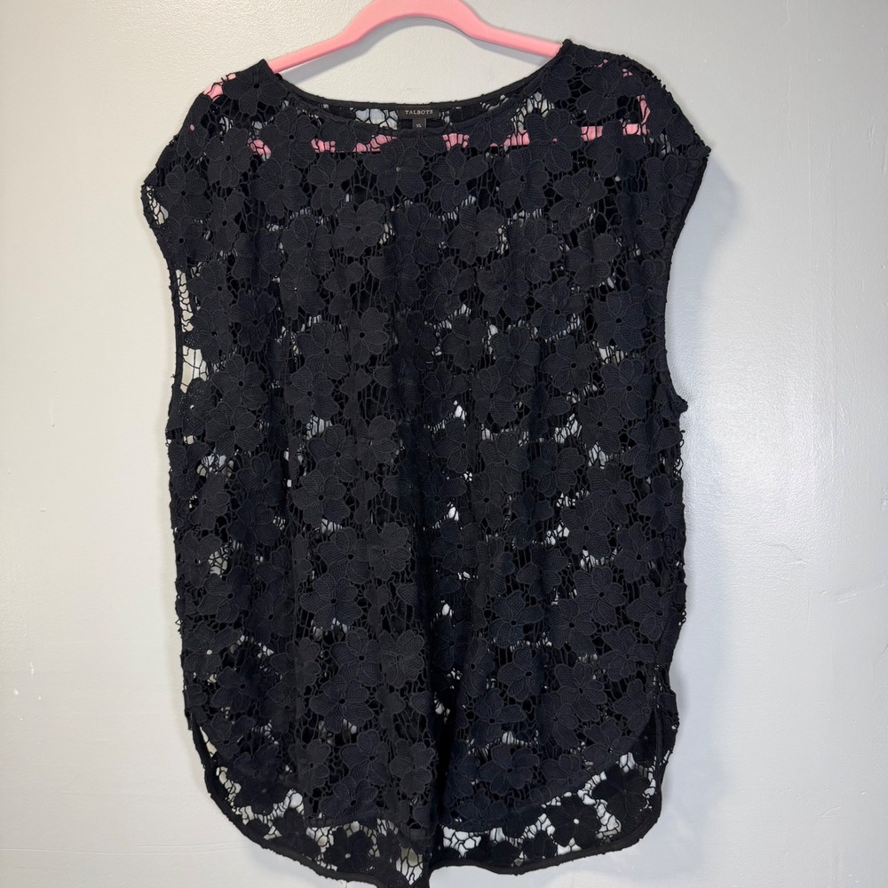 Talbots Womens XL Black Floral Guipure Lace Sleeveless Shell Blouse‎ Top Overlay